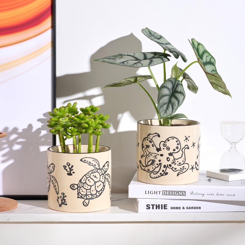 STHIE 5 Inch Ceramic Plant Pots with Drainage Holes, Small Round Flower Pots for Indoor Plant, Unique Animal Flower Planters (Sea Turtle) - Image 4