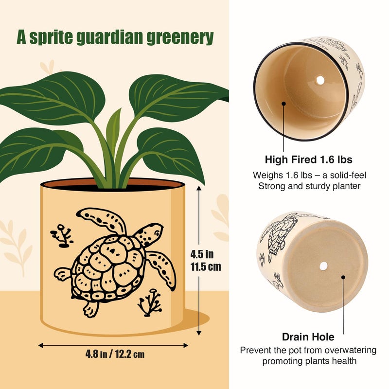 STHIE 5 Inch Ceramic Plant Pots with Drainage Holes, Small Round Flower Pots for Indoor Plant, Unique Animal Flower Planters (Sea Turtle) - Image 3