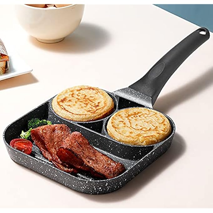 TJMR DIVIDED FRYING PAN, 3 SECTION NONSTICK EGG FRYING PAN OMLETTE MAKER SKILLET NON-STICK SMALL FLAT-BOTTOMED HOUSEHOLD STEAK FRYING PAN BREAKFAST PANCAKE PAN - Image 2