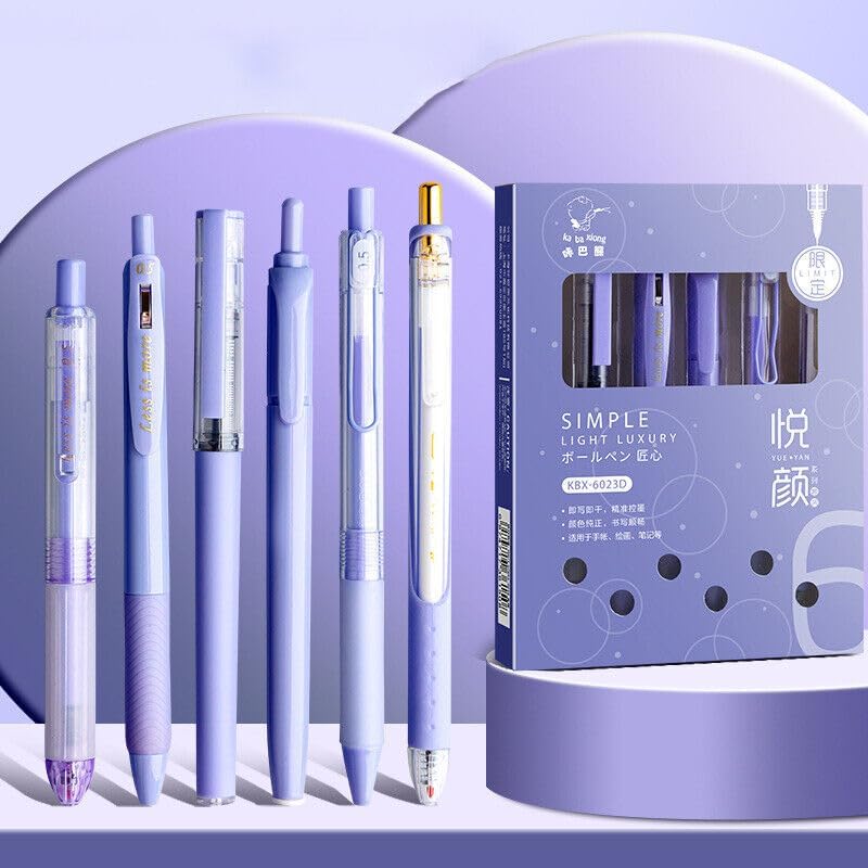 SAMVARDHAN Pastel Highlighter Set, Aesthetic School Supplies 5PCS Retractable Blue Ink with 1PCS Highlighter, 0.5mm Fine Points for Writing (Purple) - Image 1