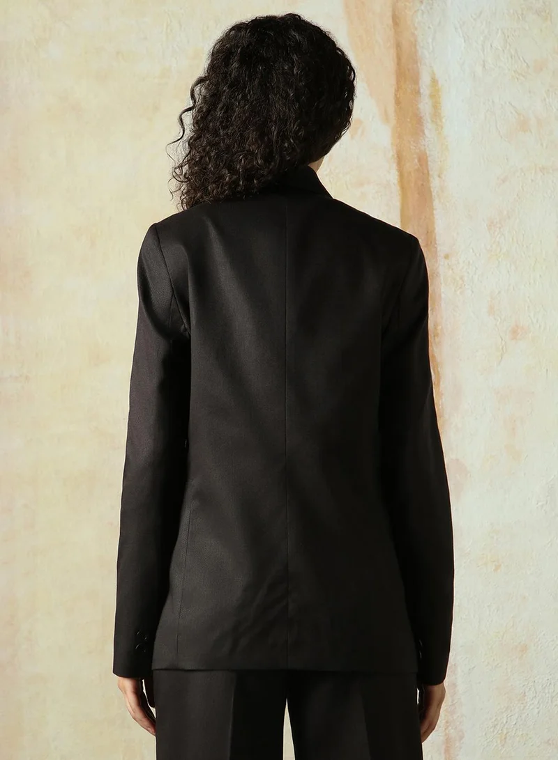HIGH STAR Women's Black Cotton Blend Solid Oversized Blazer