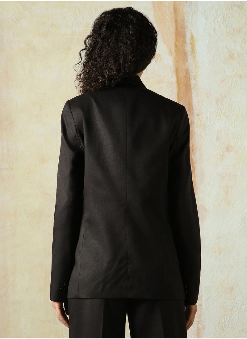HIGH STAR Women's Black Cotton Blend Solid Oversized Blazer  - Image 3