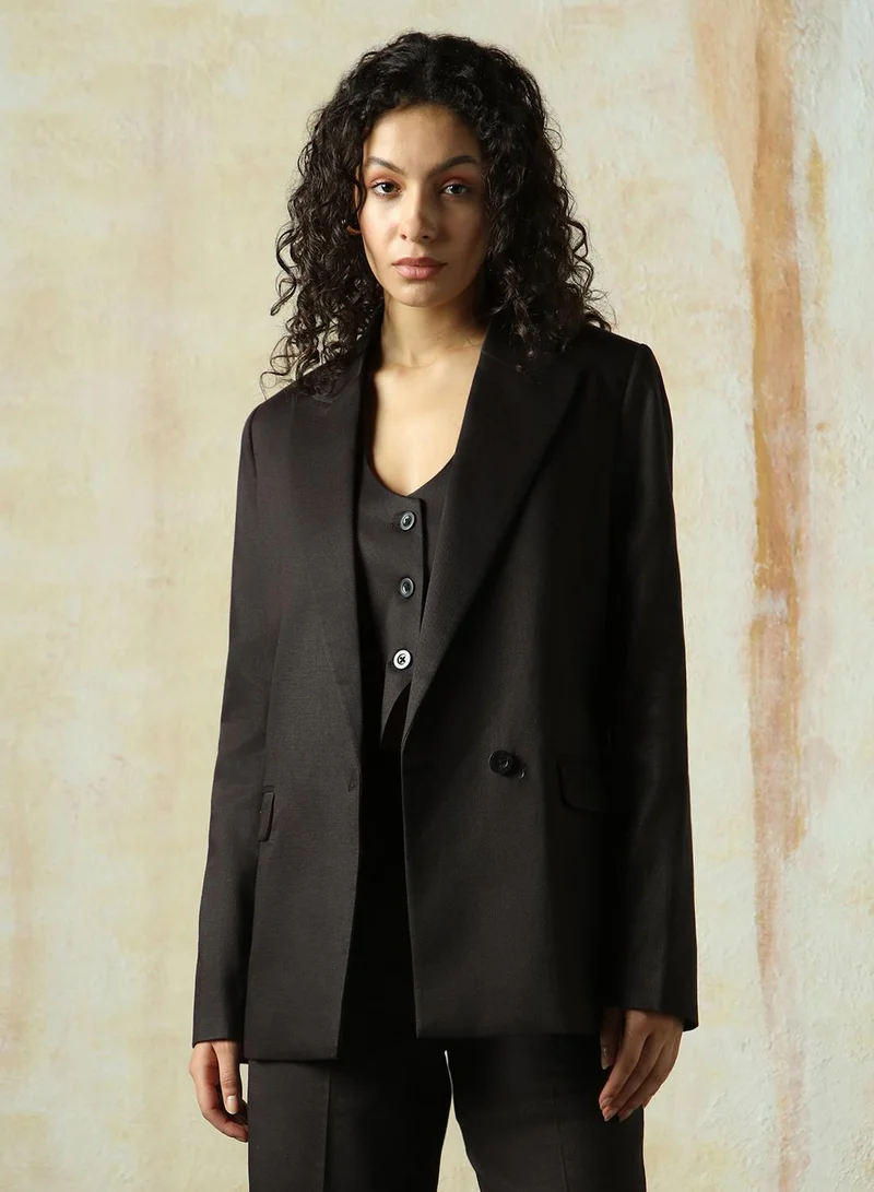 HIGH STAR Women's Black Cotton Blend Solid Oversized Blazer