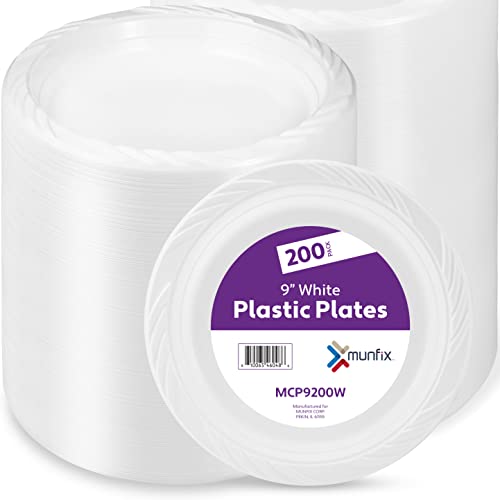 Munfix 200 White Plastic Plates Set - 9 Inch Disposable Dinner Plates Bulk Pack, for Party, BBQ, Picnic, Parties, Travel and Events, Microwavable Recyclable - Image 1