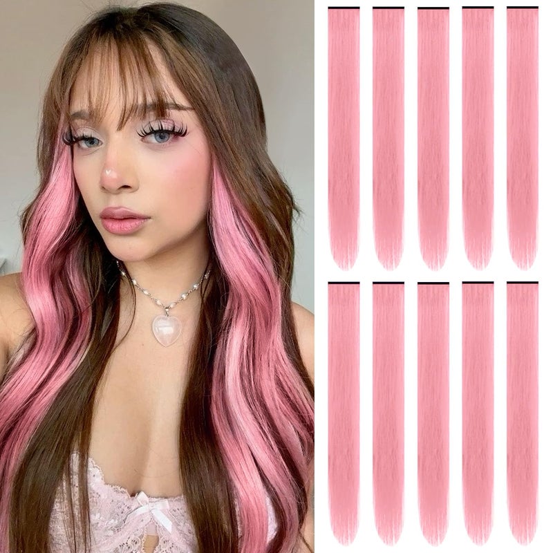 22 inch Colored Hair Extensions Straight Hairpiece Multicolors Party Highlights Clip in Synthetic Hair Extensions for Kids Women Gift10 PCS Pink