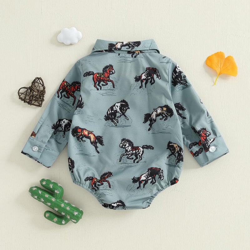 BULINGNA Newborn Baby Boy Western Outfit Long Sleeve Button Down Cowboy Wild Ride Romper Shirt Cowgirl Rodeo Gentleman Clothes (Blue, 3-6 Months) - Image 4