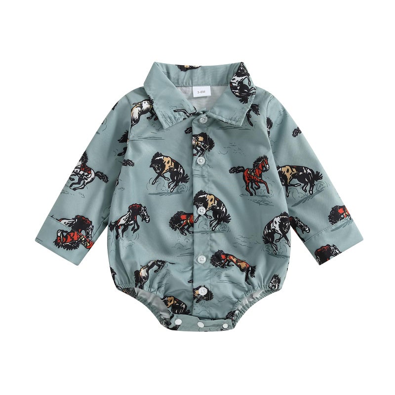 BULINGNA Newborn Baby Boy Western Outfit Long Sleeve Button Down Cowboy Wild Ride Romper Shirt Cowgirl Rodeo Gentleman Clothes (Blue, 3-6 Months) - Image 1