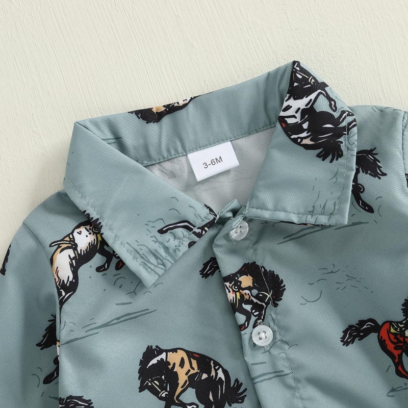 BULINGNA Newborn Baby Boy Western Outfit Long Sleeve Button Down Cowboy Wild Ride Romper Shirt Cowgirl Rodeo Gentleman Clothes (Blue, 3-6 Months) - Image 5