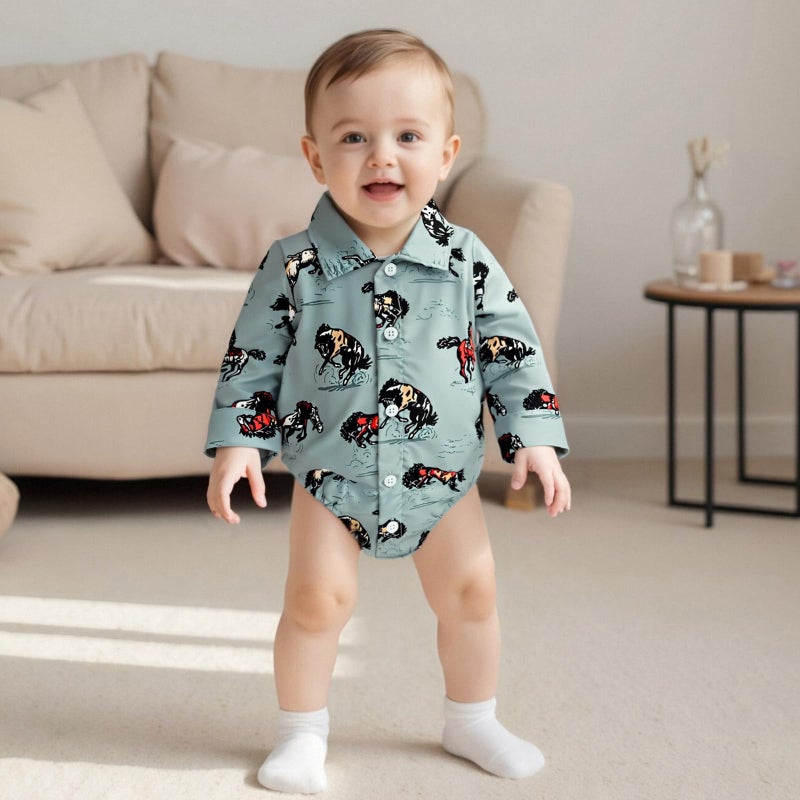 BULINGNA Newborn Baby Boy Western Outfit Long Sleeve Button Down Cowboy Wild Ride Romper Shirt Cowgirl Rodeo Gentleman Clothes (Blue, 3-6 Months) - Image 2