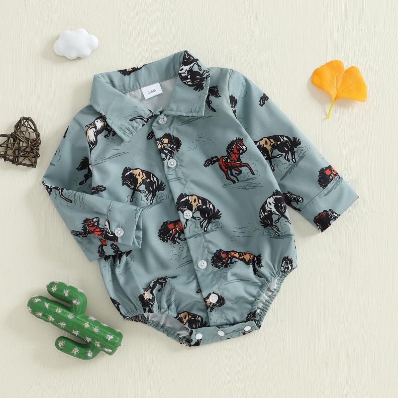 BULINGNA Newborn Baby Boy Western Outfit Long Sleeve Button Down Cowboy Wild Ride Romper Shirt Cowgirl Rodeo Gentleman Clothes (Blue, 3-6 Months) - Image 3