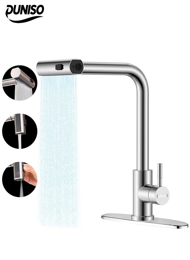 DUNISO Waterfall Kitchen Faucet with Pull Down Sprayer, 360° Swivel & Single Handle Matte Black,3 Modes, a Single Handle Pull Out Kitchen Faucet for RV, Bar, Farmhouse - Image 1