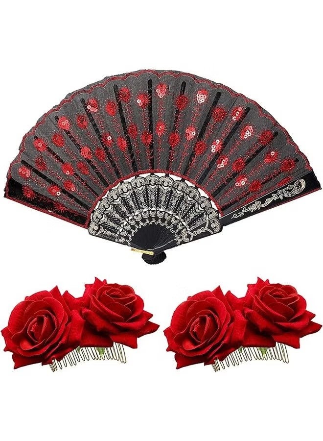 قطعتان من مشابك الشعر على شكل زهرة الورد ومروحة يدوية قابلة للطي مزينة بالترتر، إكسسوارات شعر مثالية لراقصات الفلامنكو وحفلات تنكرية للفتيات - Image 1