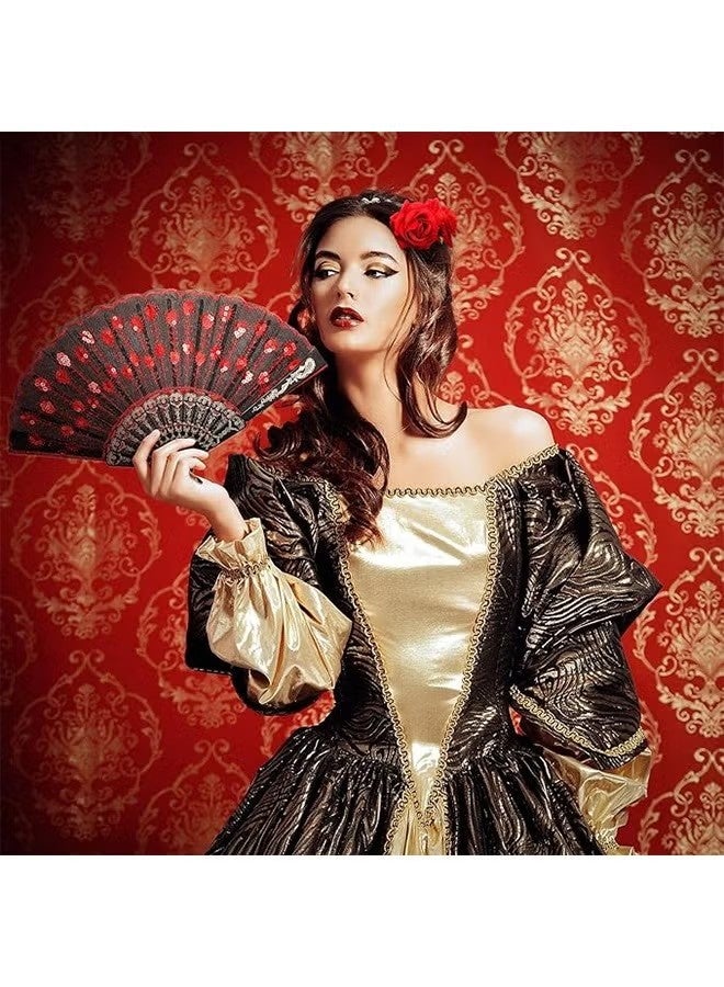 قطعتان من مشابك الشعر على شكل زهرة الورد ومروحة يدوية قابلة للطي مزينة بالترتر، إكسسوارات شعر مثالية لراقصات الفلامنكو وحفلات تنكرية للفتيات - Image 2