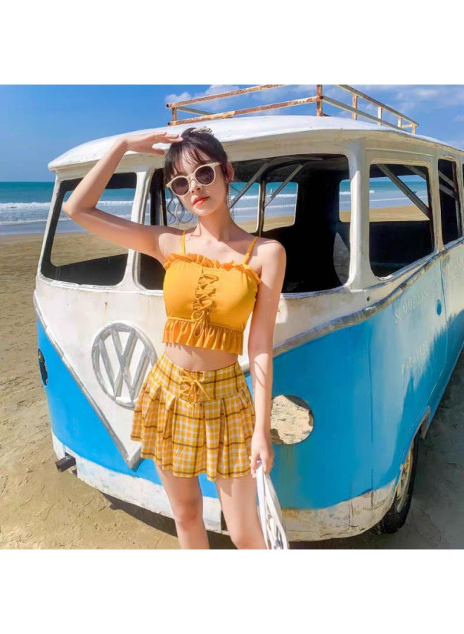 Korean Style Cute And Fresh Split Swimsuit Plaid Skirt Style Split Bikini Small Slimming Student Conservative Swimsuit