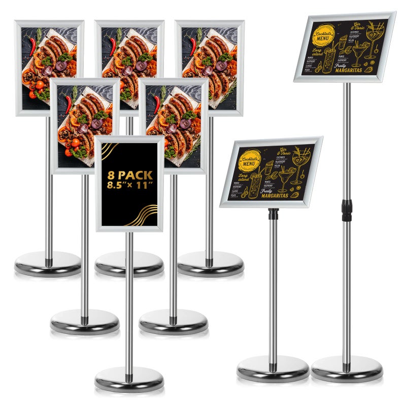 LEIFIDE 8 Pack Adjustable Heavy Duty Pedestal Sign Holder Floor Stand 83 x 117 Adjustable Sign Holder Poster Stand with Aluminum Snap Open Frame Screen Size A4Silver