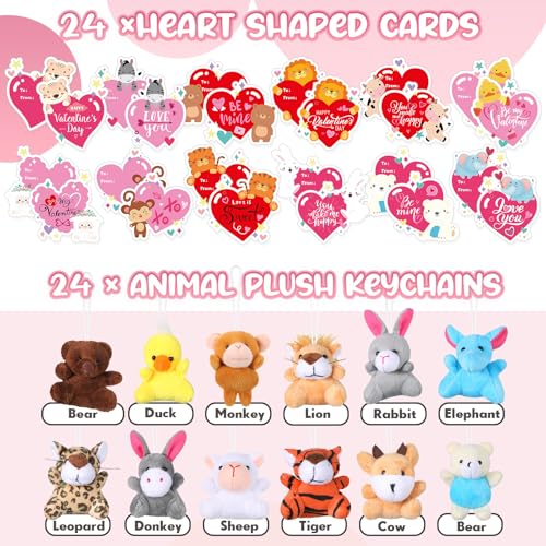 Hanaive 24 Pack Valentine Stuffed Animals Bulk for Kids with Heart Cards Mini Animal Plush Keychain Set Cute Valentines Day Party Favors for Students Exchange Gifts Classroom Game Prize - Image 5