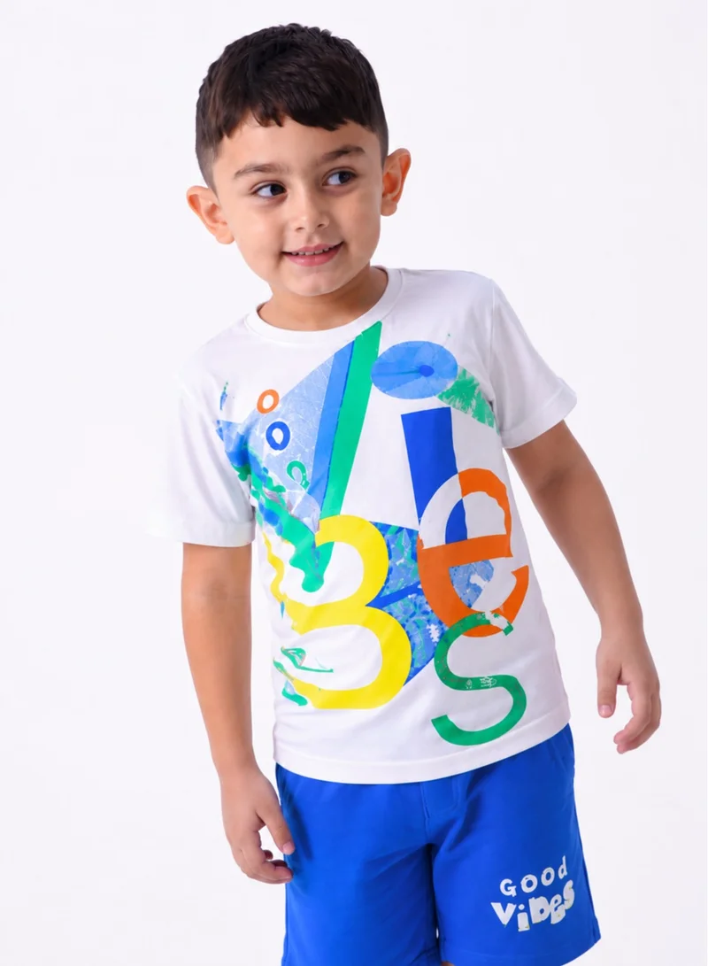 Victor And Jane  Boys' Comfortable 2-Piece T-Shirt & Shorts Set Off-White & Blue, 100% Cotton for Men | Best Price UAE