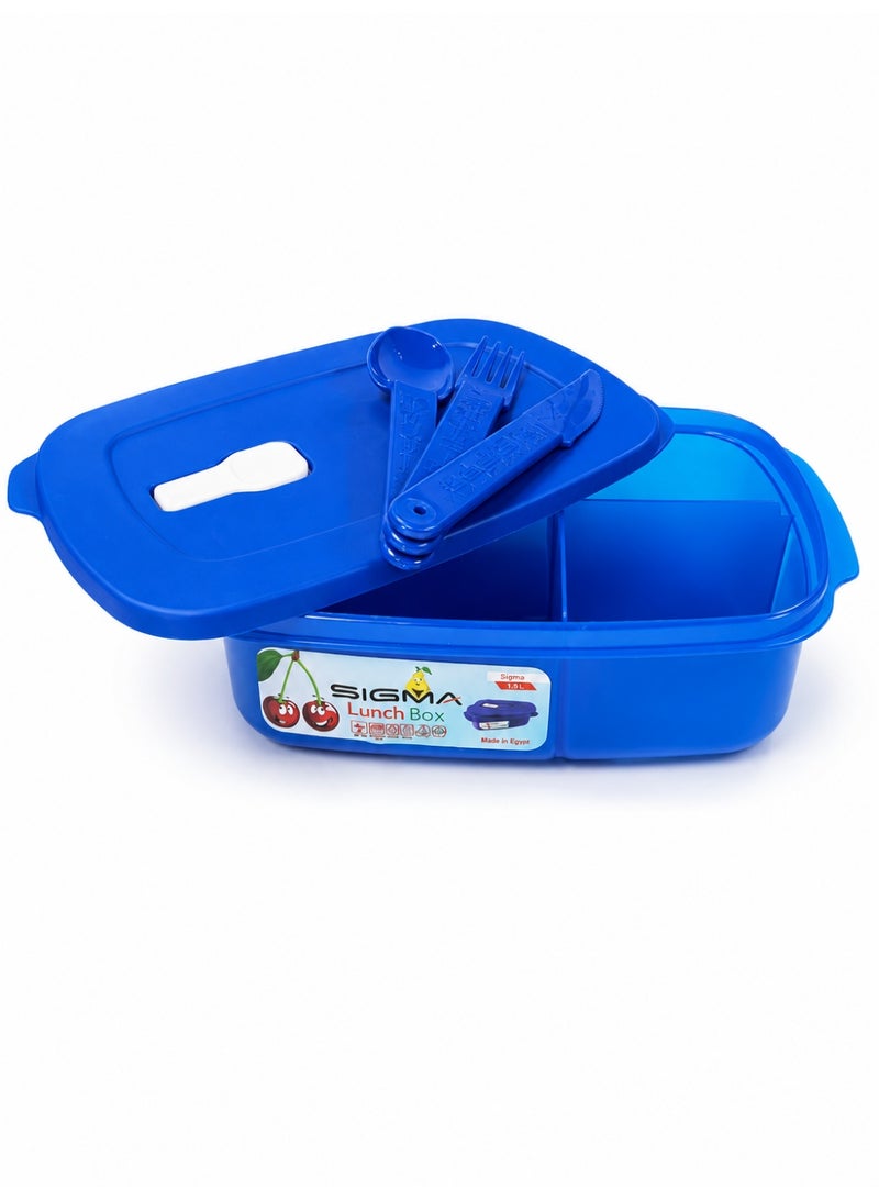 Title Sigma Lunch Box 1.5L with Spoon, Fork & Knife – Reusable Food Container with Secure Lid – Blue