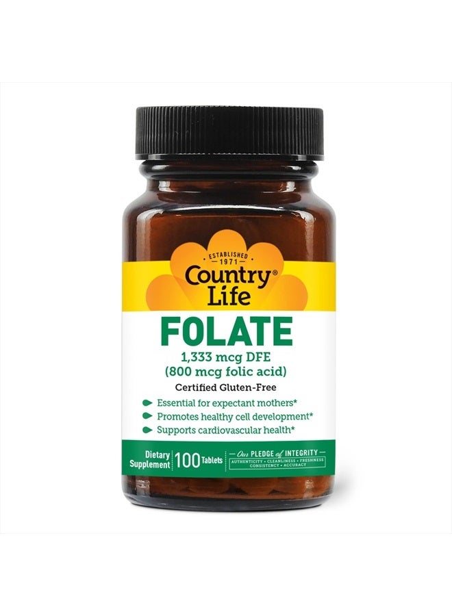 Country Life FOLATE Folic Acid 800 mcg, 100 Tablets - Image 1