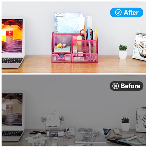 EasyPAG Mesh Desk Organizer with Drawer Multi-functional Pen Holder Stationery Organizer for Office School Supplies 6 Compartments Dorm Organizers and Storage for Desk, Hot Pink - Image 4