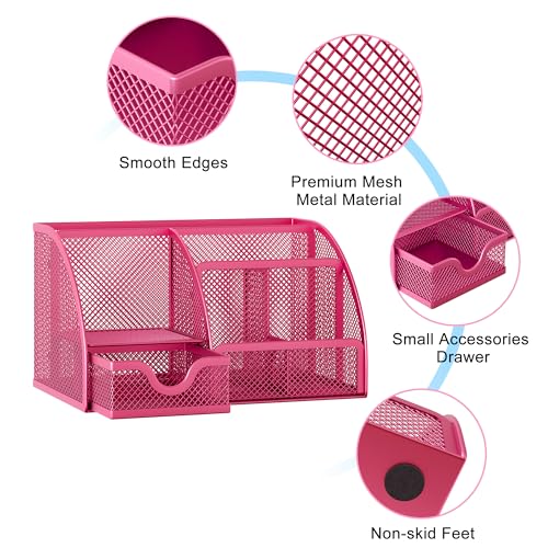 EasyPAG Mesh Desk Organizer with Drawer Multi-functional Pen Holder Stationery Organizer for Office School Supplies 6 Compartments Dorm Organizers and Storage for Desk, Hot Pink - Image 3
