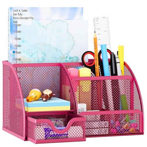 EasyPAG Mesh Desk Organizer with Drawer Multi-functional Pen Holder Stationery Organizer for Office School Supplies 6 Compartments Dorm Organizers and Storage for Desk, Hot Pink - Image 1