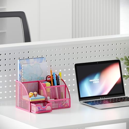 EasyPAG Mesh Desk Organizer with Drawer Multi-functional Pen Holder Stationery Organizer for Office School Supplies 6 Compartments Dorm Organizers and Storage for Desk, Hot Pink - Image 5
