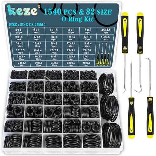KEZE 32 Size 1540 Pcs Rubber O Rings Assortment Kit with Pick and Hook Set for Assorted Faucet Plumbing Pressure Washer Automotive Repair,Air or Gas Sealing Connections O ring OD:4mm-50mm - Image 1