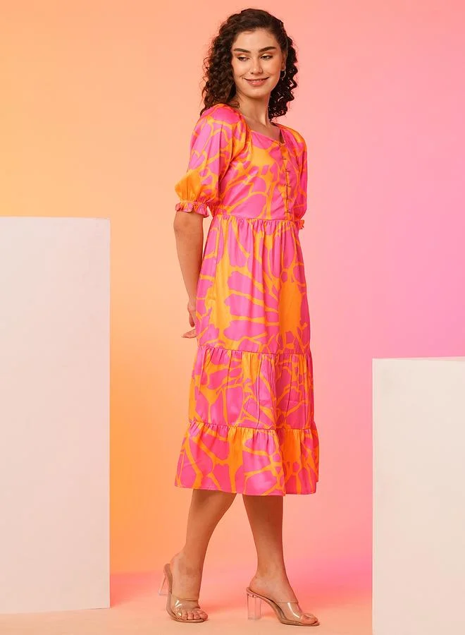 globus Globus Women Floral Printed Puff Sleeves A-Line Midi Dress