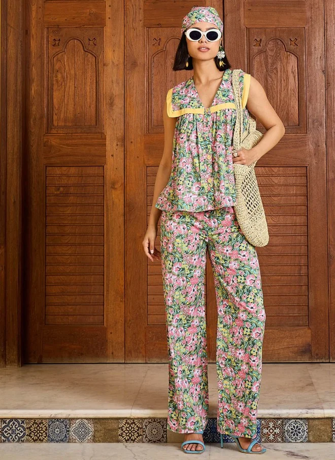 SASSAFRAS Floral Printed V Neck Peplum Top With Trousers For Women