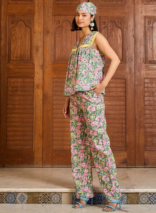 SASSAFRAS Floral Printed V Neck Peplum Top With Trousers For Women