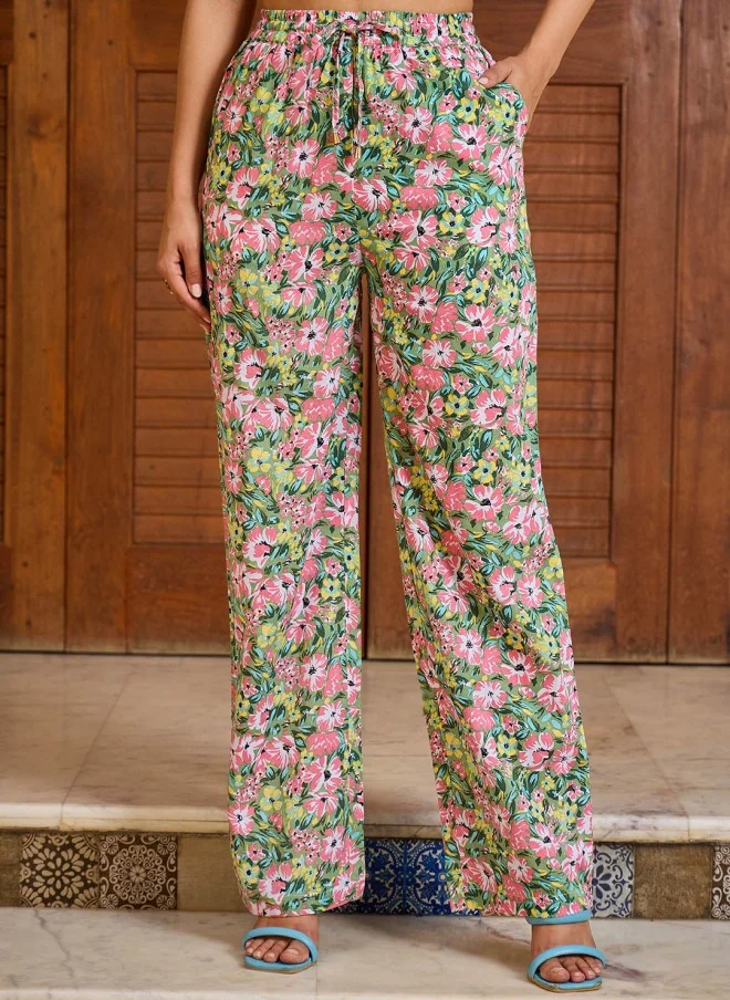 SASSAFRAS Floral Printed V Neck Peplum Top With Trousers For Women