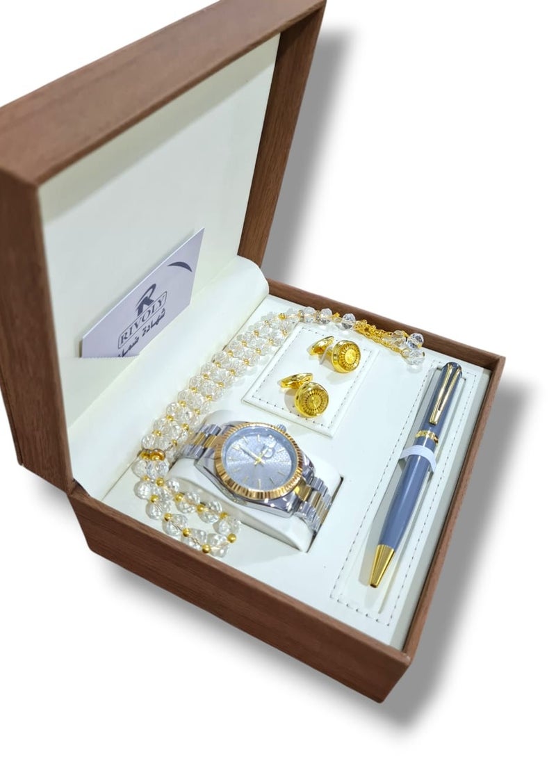 Rivoly A wonderful stainless steel men's set consisting of a watch, a rosary, a pen and cufflinks half steel  - Image 1