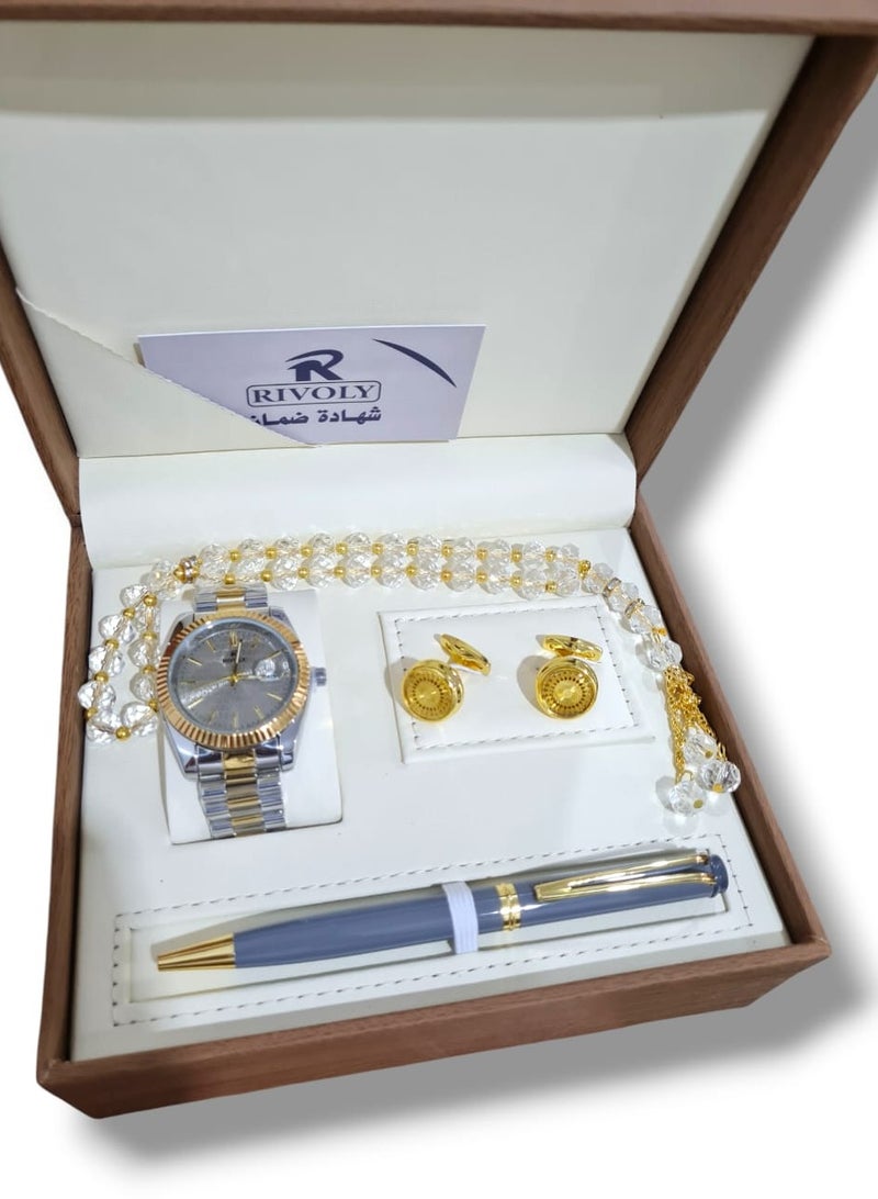 Rivoly A wonderful stainless steel men's set consisting of a watch, a rosary, a pen and cufflinks half steel  - Image 2