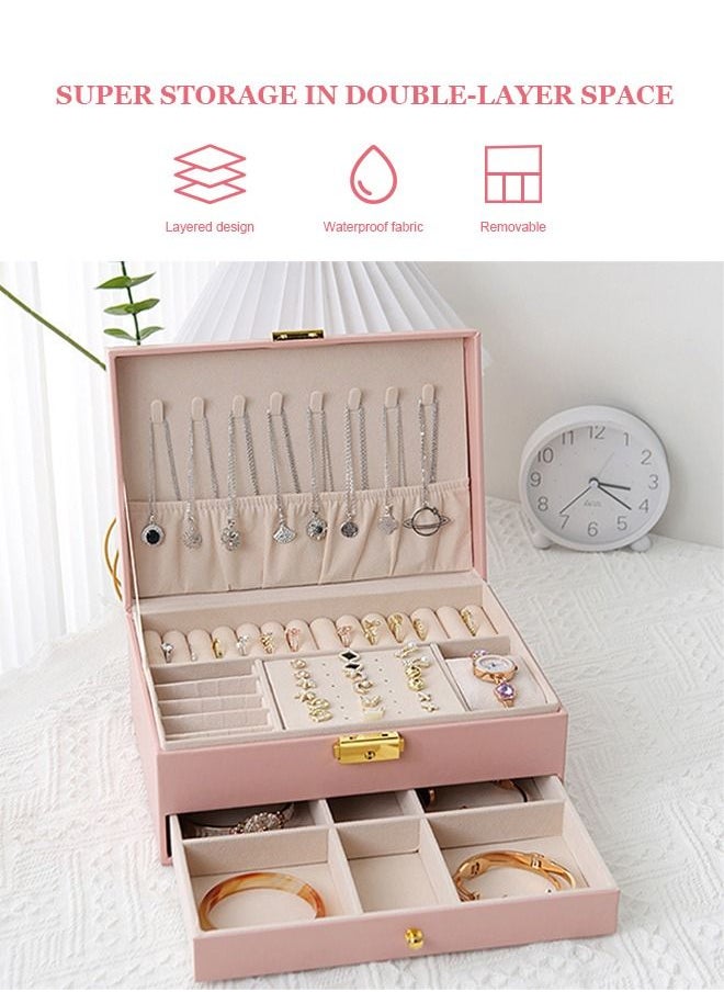 HomarKet - 2-Layer PU Leather Jewellery Storage Box Lightweight Multifunction Jewelry Case for Women Pink - Image 1
