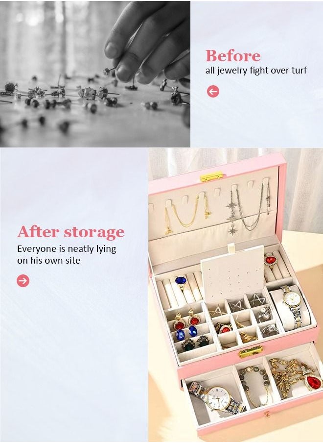 HomarKet - 2-Layer PU Leather Jewellery Storage Box Lightweight Multifunction Jewelry Case for Women Pink - Image 1
