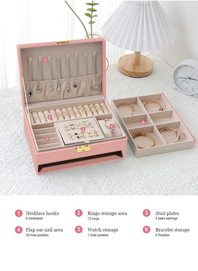 HomarKet - 2-Layer PU Leather Jewellery Storage Box Lightweight Multifunction Jewelry Case for Women Pink - Image 1