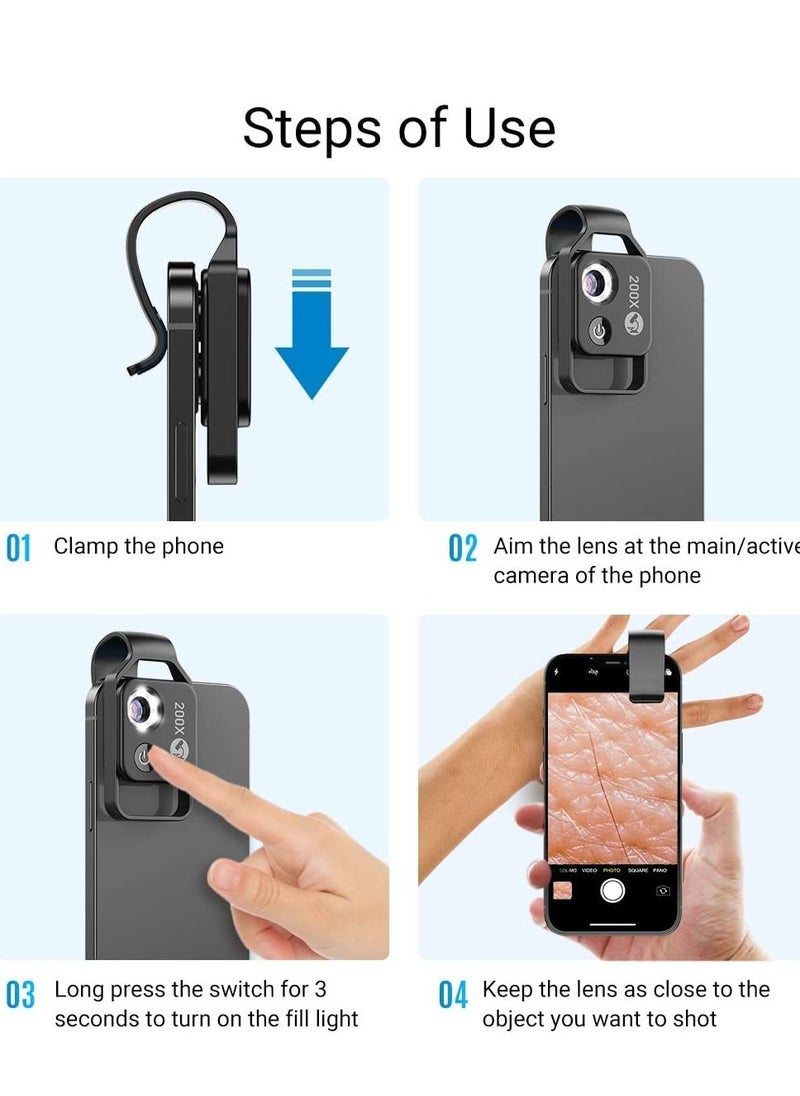 SYOSI - Mobile Phone Microscope, 200x Mini Pocket Microscope with LED Light/ Universal Clip Portable Digital Magnifier Camera Accessory with CPL Lens Compatible with iPhone/Andriod Phones(Black) - Image 1