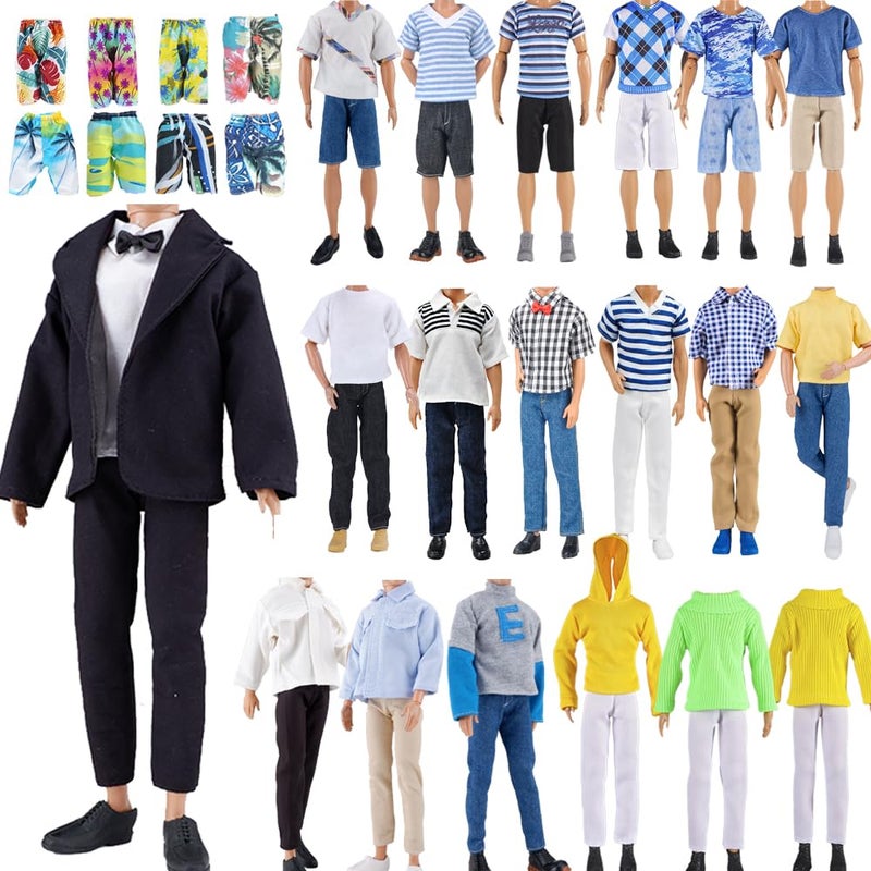 E-TING 10-Item Fantastic Pack = 1 Black-tie Suit with a Shirt Set + 3 Sets of Casual Wear Clothes Outfit + 1 pc Swim Trunks +5 Pairs Shoes for boy Doll Random Style - Image 1