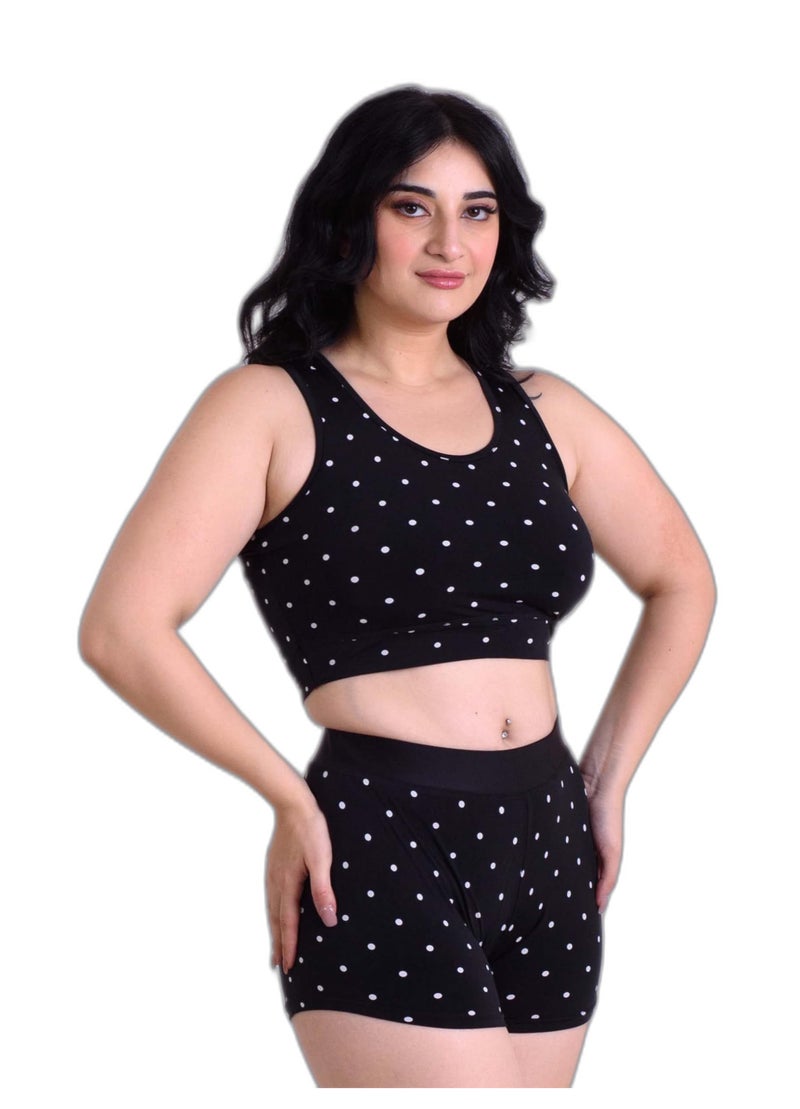 Keepfit Women's Polka Print Sleeveless Plus Size Swimsuit with Crop top and High Rise Boy Shorts Black |Swimming Suit for Women - Image 1