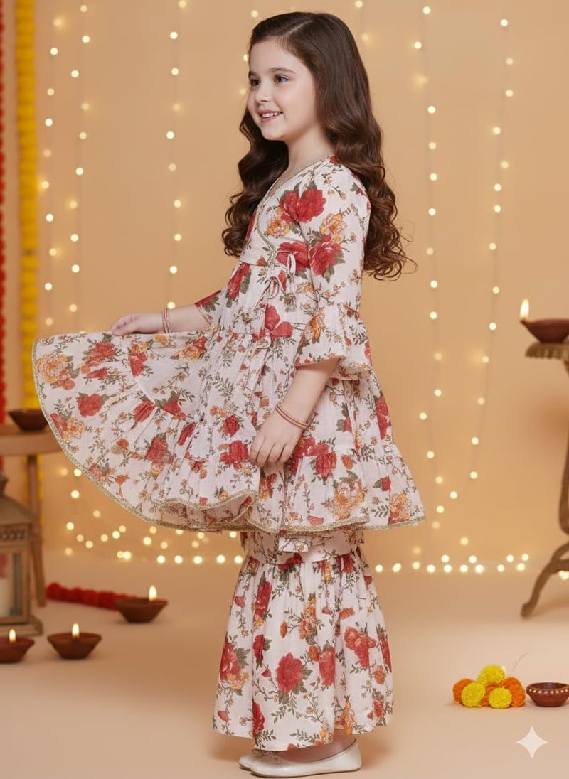 Naixa Girl's Rayon Floral Pattern Kurta Sharara Set with 3/4 Sleeve V- Neck Knee Length and Elastic Closure Type| Kurta Sharara Set for Girl's - Image 2