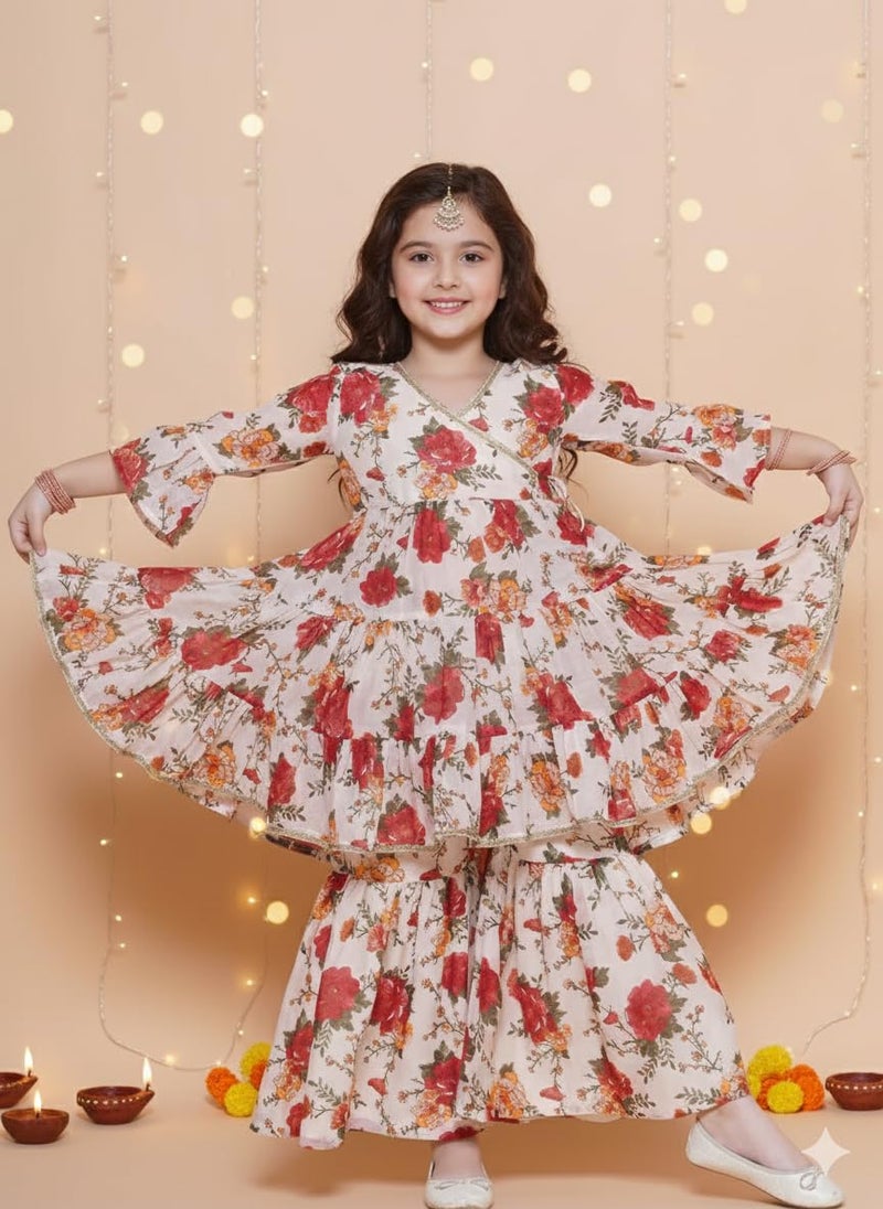 Naixa Girl's Rayon Floral Pattern Kurta Sharara Set with 3/4 Sleeve V- Neck Knee Length and Elastic Closure Type| Kurta Sharara Set for Girl's - Image 3