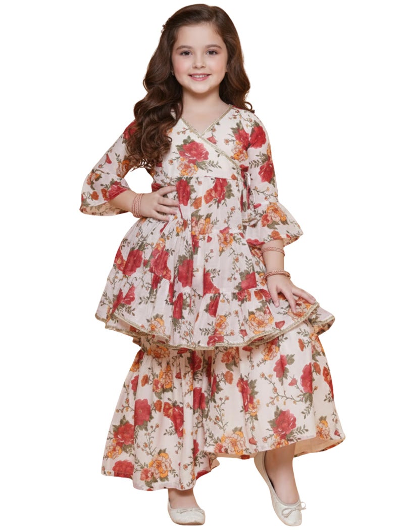 Naixa Girl's Rayon Floral Pattern Kurta Sharara Set with 3/4 Sleeve V- Neck Knee Length and Elastic Closure Type| Kurta Sharara Set for Girl's - Image 1