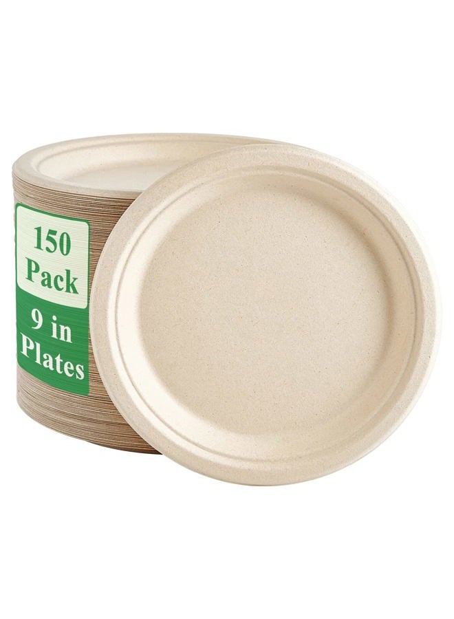 Vplus 150 Pack Paper Plates 9 inch 100% Compostable Plates Heavy-Duty Disposable Paper Plates Bagasse Natural Biodegradable Eco-Friendly Sugarcane Plates - Image 1