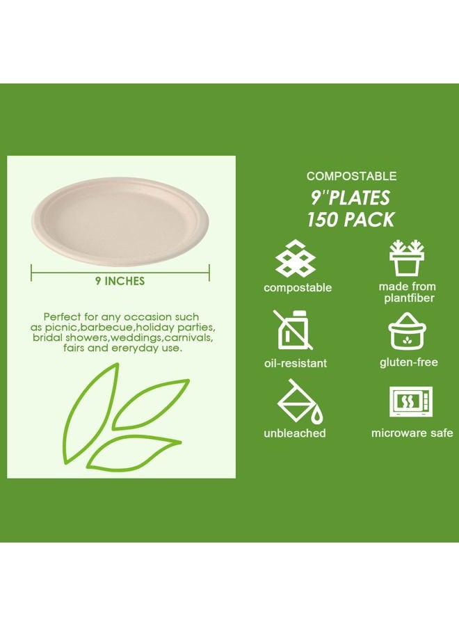 Vplus 150 Pack Paper Plates 9 inch 100% Compostable Plates Heavy-Duty Disposable Paper Plates Bagasse Natural Biodegradable Eco-Friendly Sugarcane Plates - Image 3