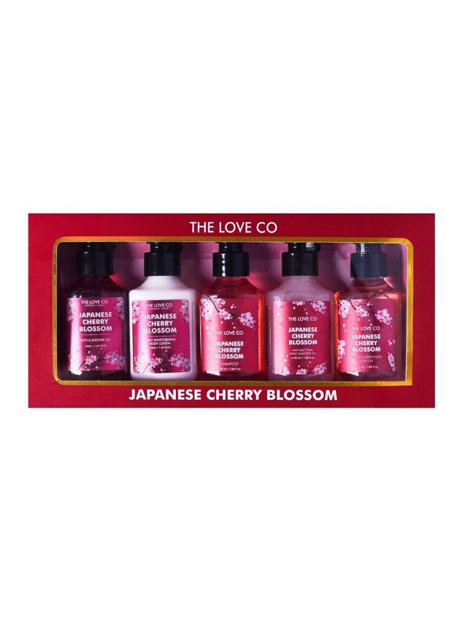 THE LOVE CO. THE LOVE CO. Japanese Cherry Blossom Gift Collection | Indulge in Travel Pack Shower Gel, Body Lotion, Body oil, Shampoo and Hand Sanitizer | Ideal Birthday & Special Occasion Hamper - Pack of 5 - Image 1