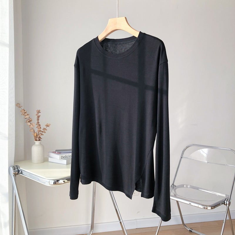 Strength Factory! Giant Soft Mulberry Silk Lyocell Long-Sleeved T-Shirt Summer Thin Split Air Conditioning Base Mask Blouse - Image 1