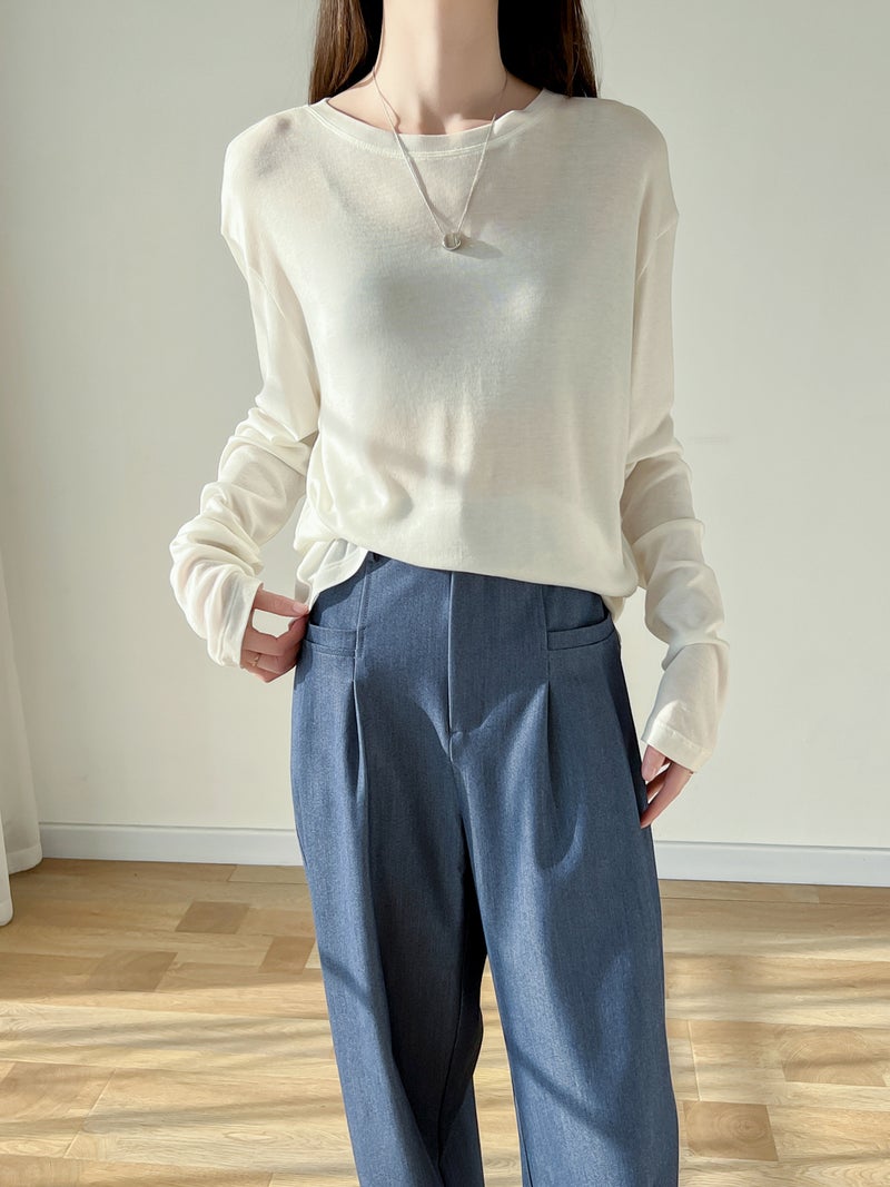 Strength Factory! Giant Soft Mulberry Silk Lyocell Long-Sleeved T-Shirt Summer Thin Split Air Conditioning Base Mask Blouse - Image 5