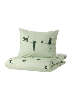 Zaboon Duvet Cover And Pillowcase, Cat Pattern/Green, 150X200/50X80 Cm  - Image 1