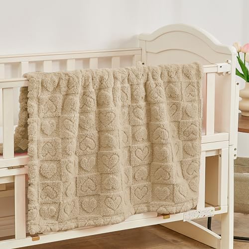 Yurhap Fleece Baby Blanket Heart Checkered, Ultra Soft Cozy Baby Blankets for Boys Girls, Fluffy Infant Toddler Newborn Receiving Gifts for Crib Stroller 30"x40" (Khaki) - Image 5